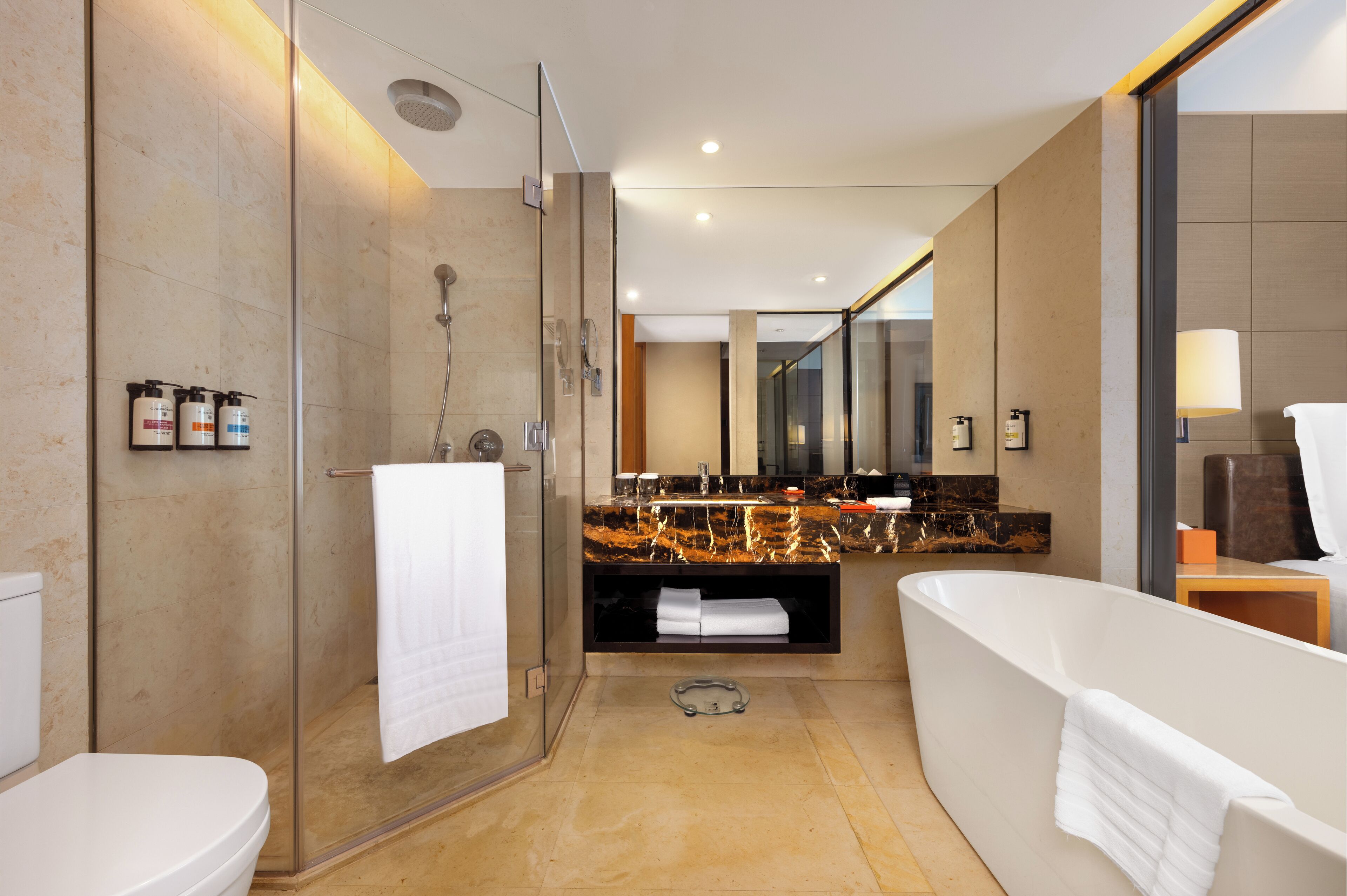 Ein modernes Badezimmer mit einer gläsernen Duschkabine, einer großzügigen Badewanne und einem Waschtisch mit Spiegel.