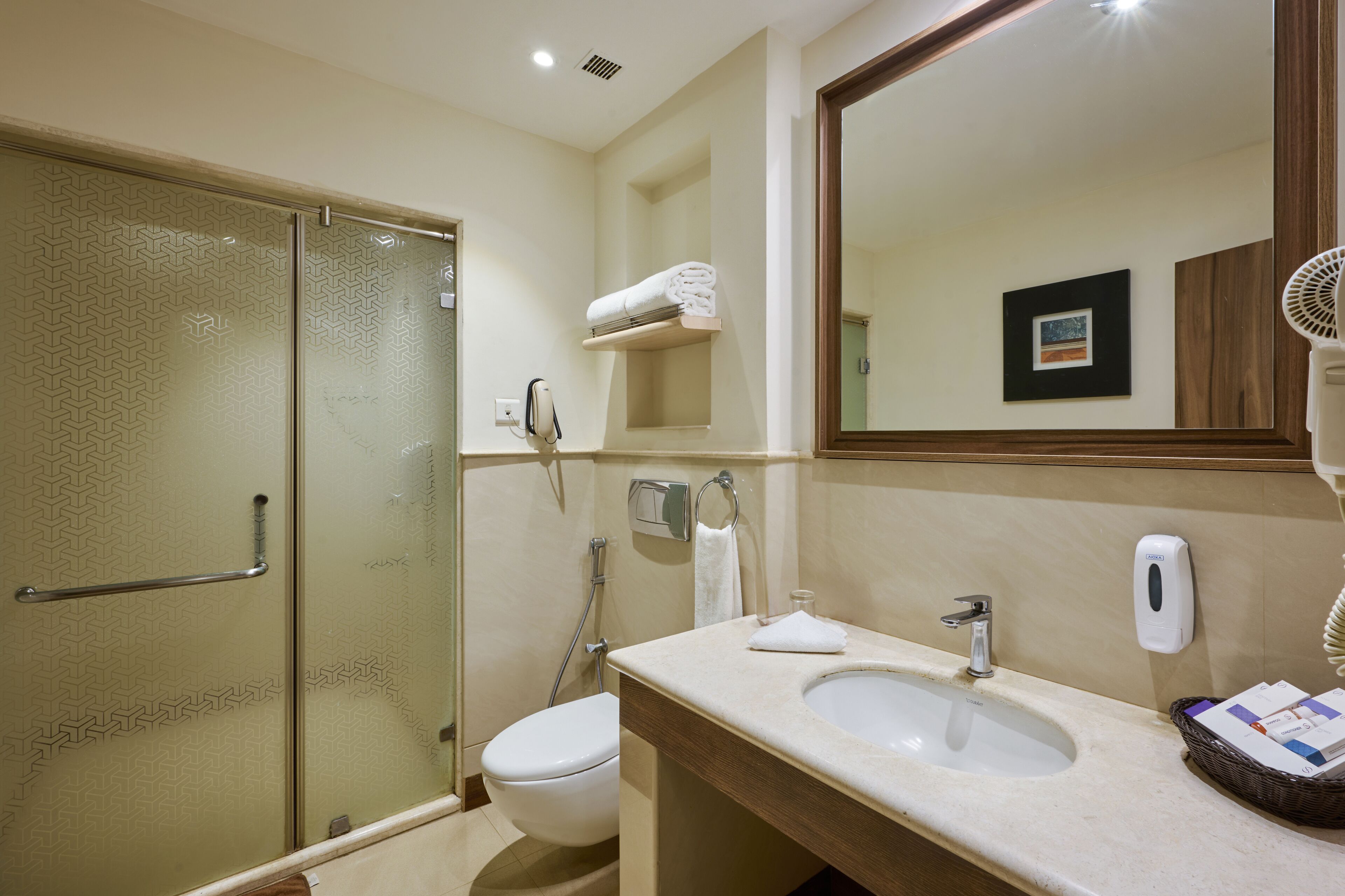 A modern bathroom with a glass shower enclosure, a white toilet, a sink with a soap dispenser, and a mirror.