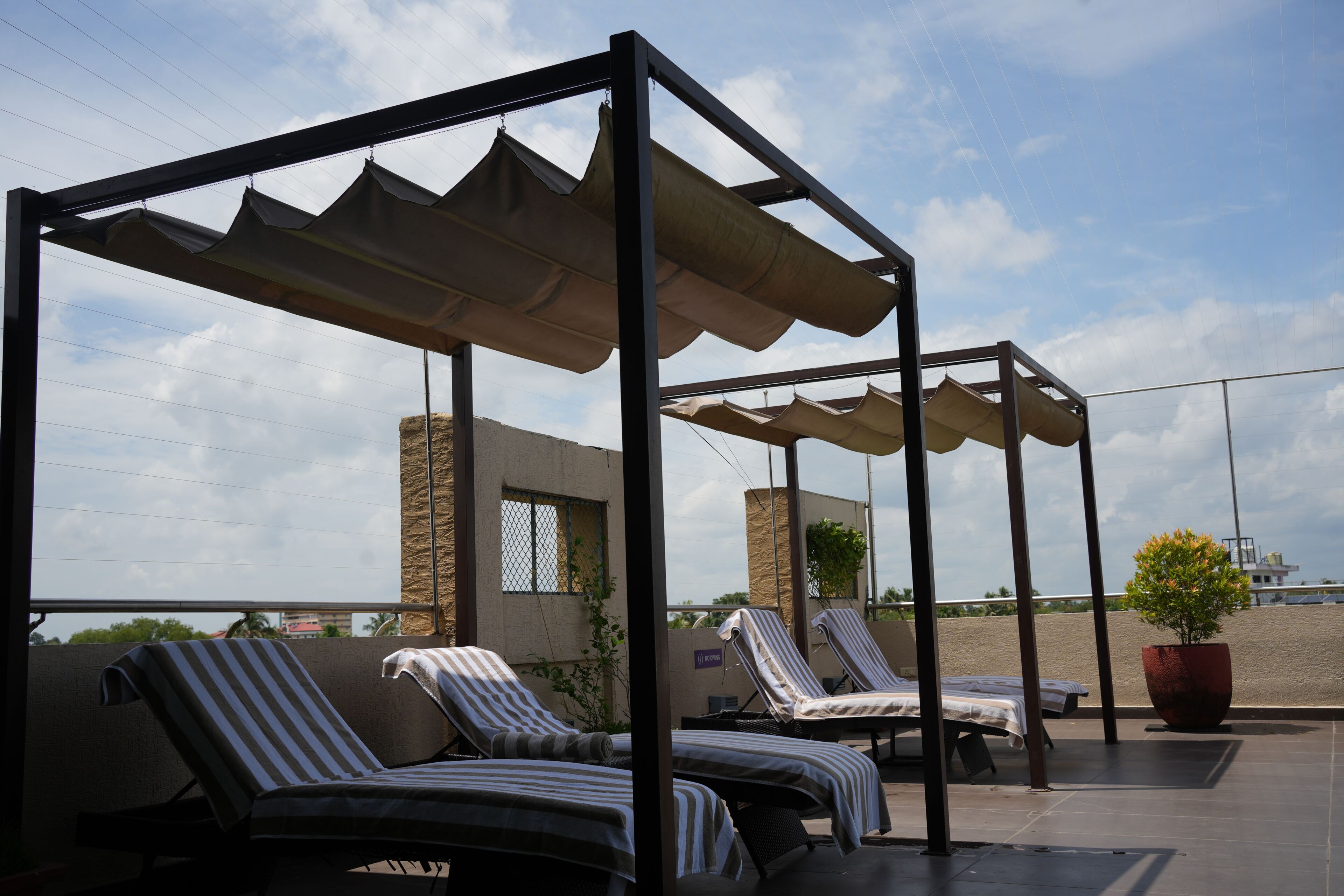 A rooftop terrace with lounge chairs, a pergola, and a potted plant.