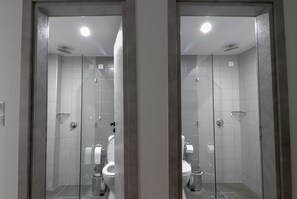 Een douche, een regendouche, een haardroger, zeep