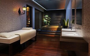 A modern bathroom with a wooden floor, a large sink, and a separate shower area. - Dayu Kaiyuan (Shaoxing)