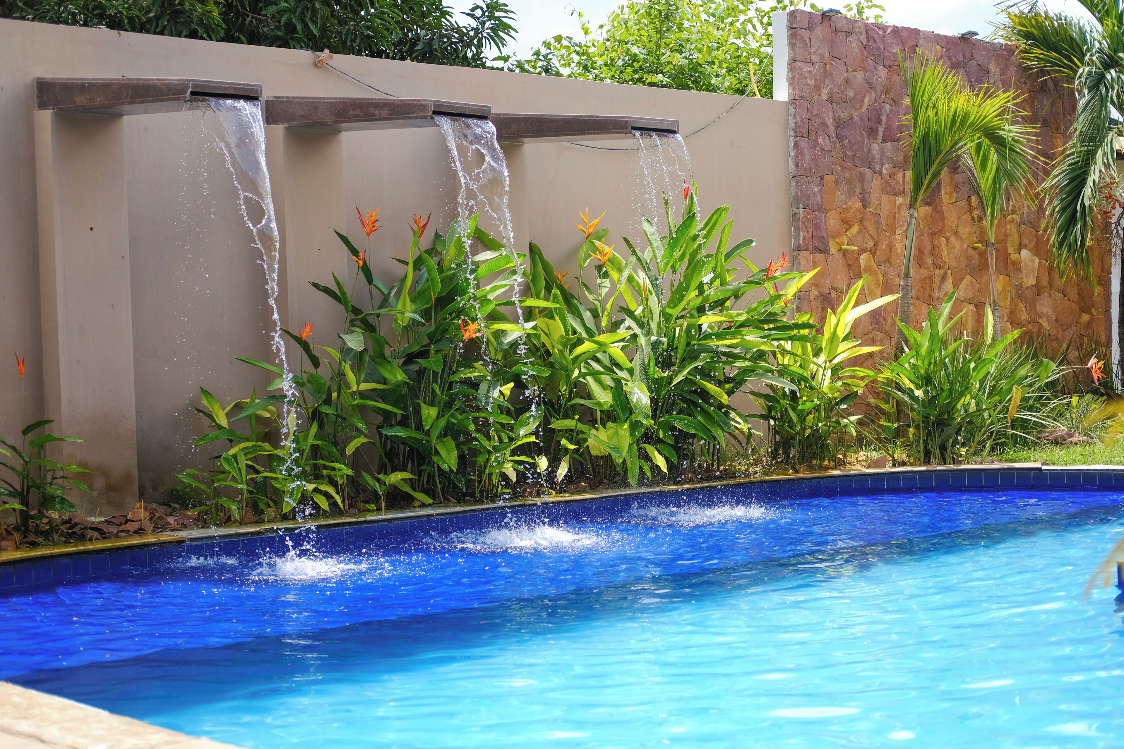 Piscine extérieure, chaises longues