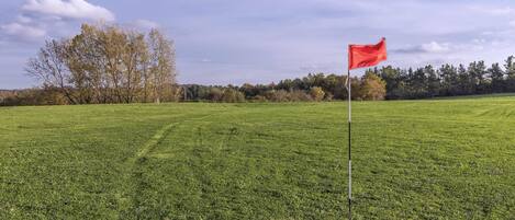 Un campo cubierto de hierba con una bandera roja en un asta.