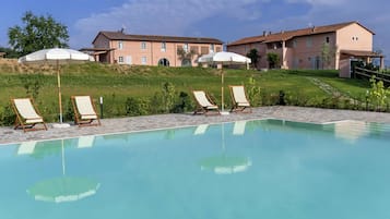 Seasonal outdoor pool, pool umbrellas, sun loungers