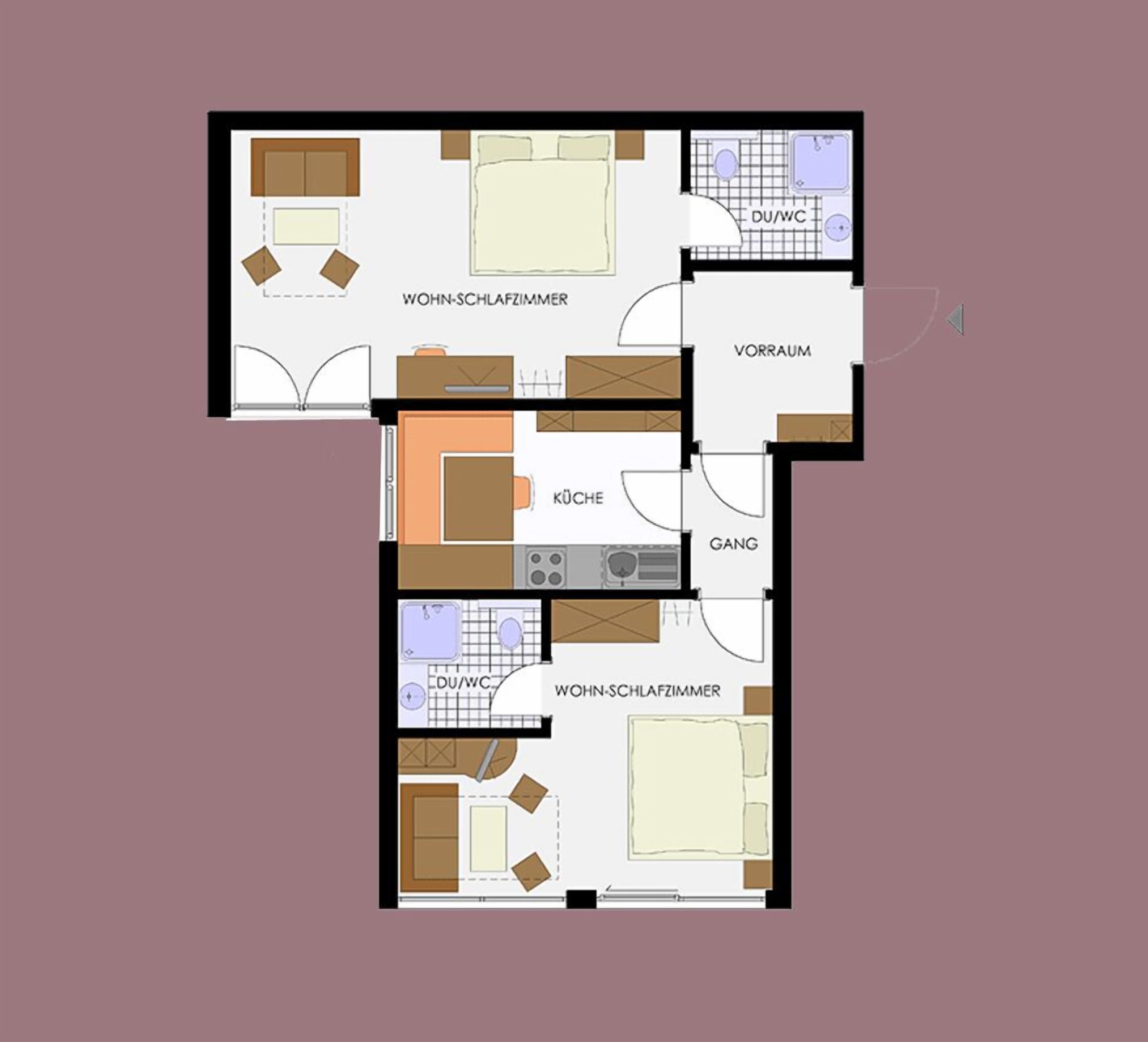 Plano de planta de un hotel que incluye sala de estar, cocina, dos dormitorios, un baño y un balcón.