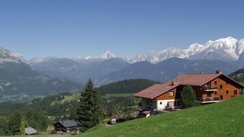 A wooden house with a sloped roof on a hillside, surrounded by green fields and mountains in the background.