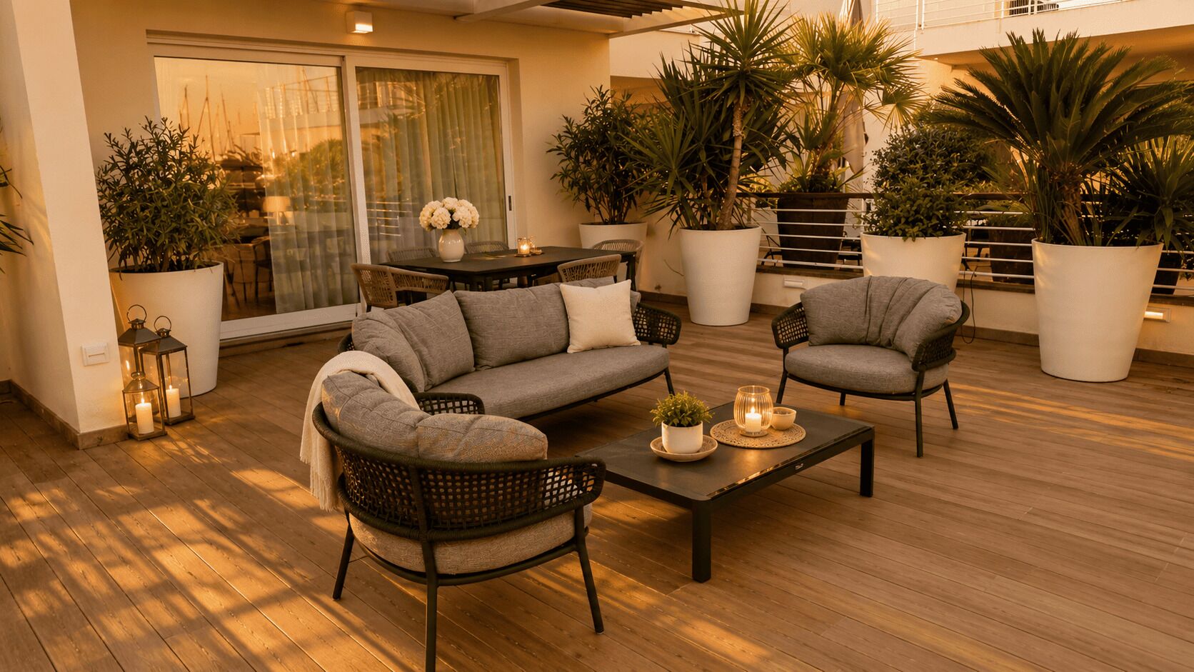 A modern outdoor living area with a sofa, chairs, a coffee table, and potted plants.