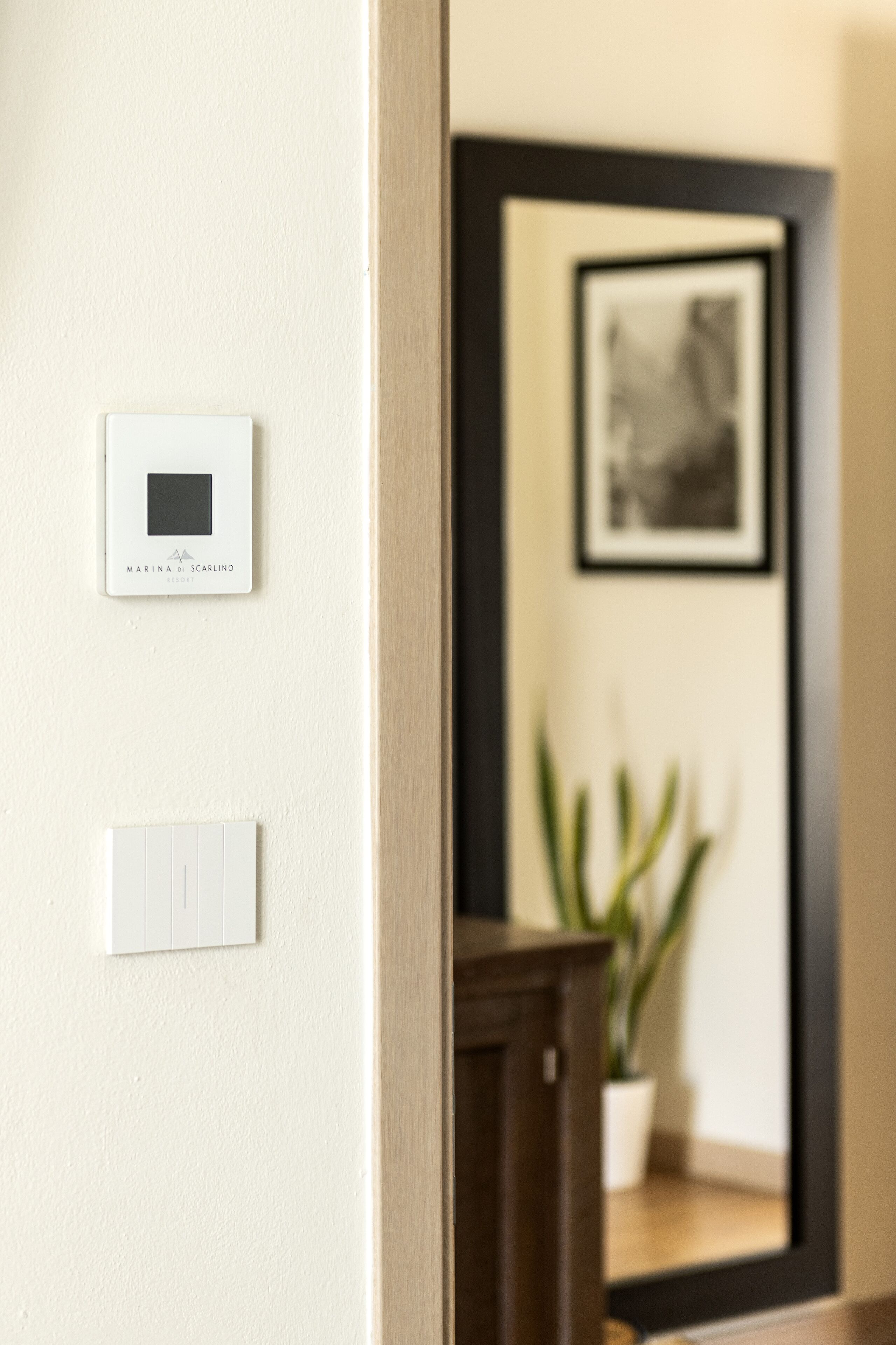 Une pièce équipée d’un thermostat, d’un interrupteur et d’un tableau encadré au mur.