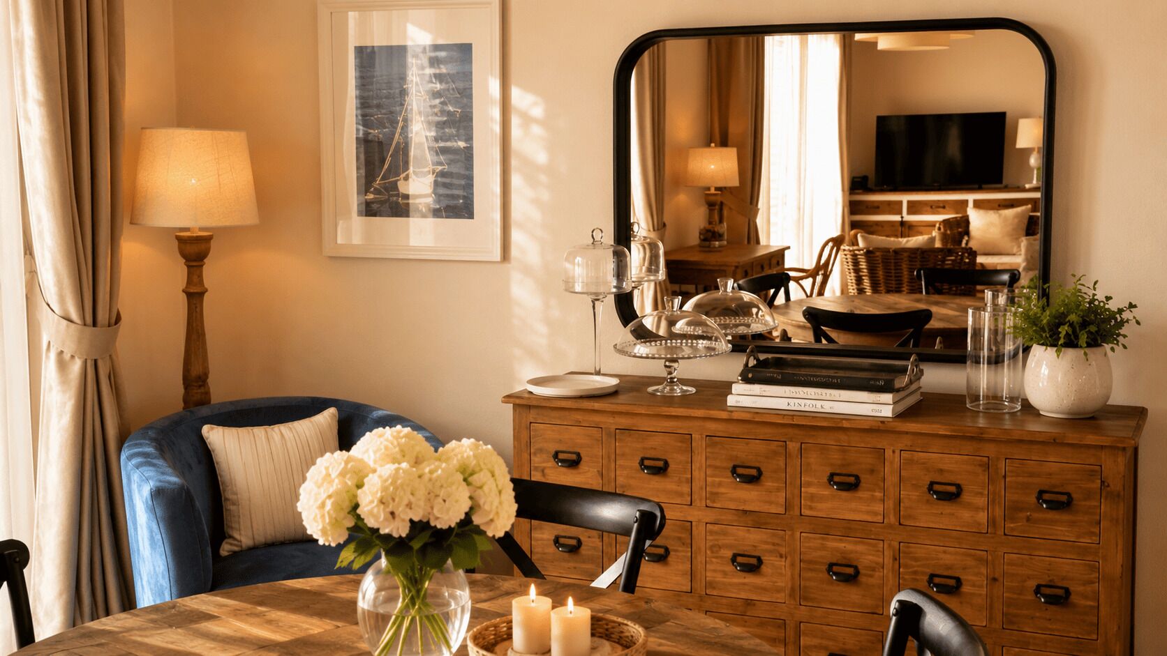 Une pièce avec un canapé bleu, une commode en bois, un miroir et une table à manger ornée d’un vase de fleurs.