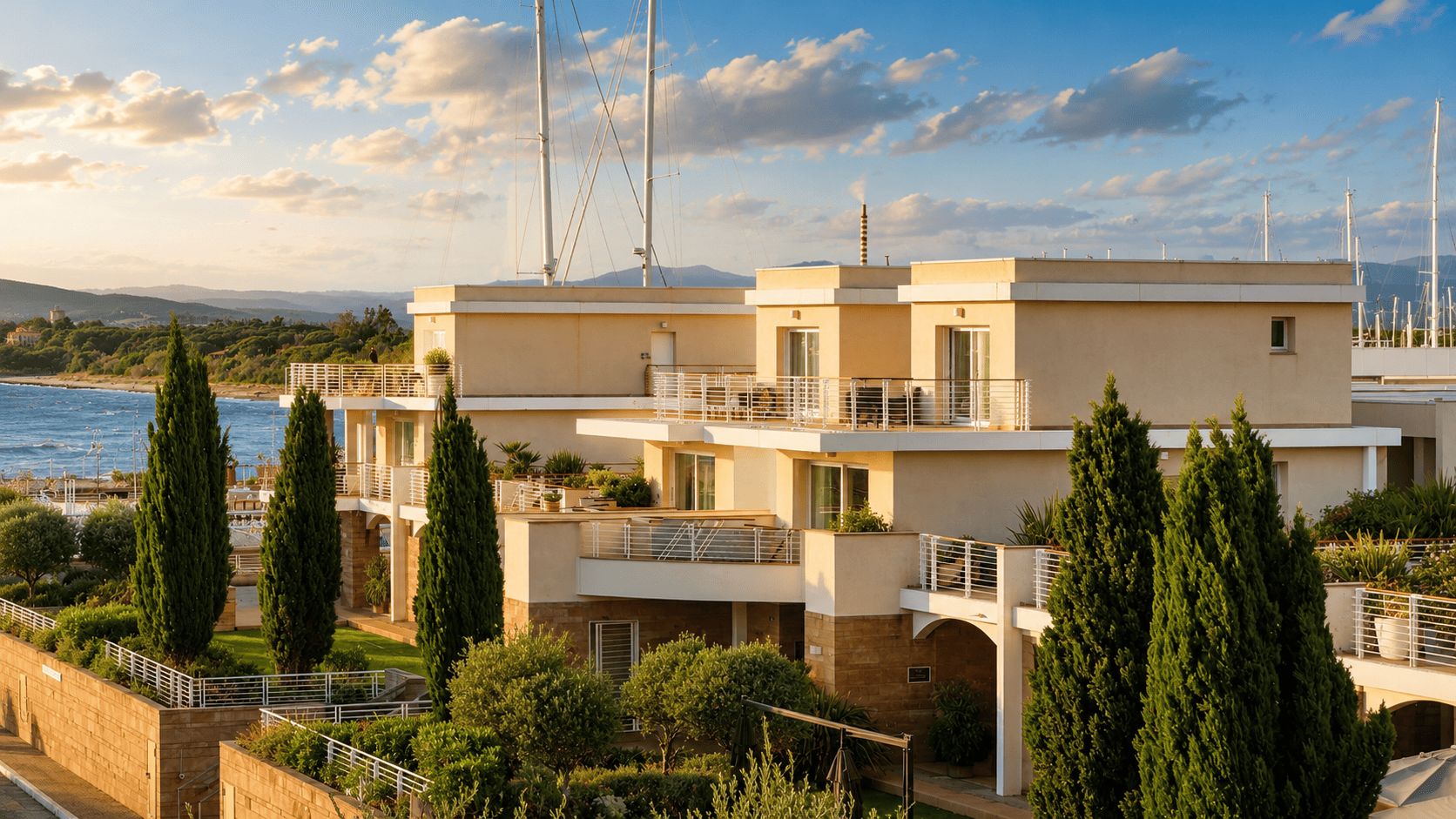 Ein modernes Mehrfamilienhaus mit Balkonen und Blick aufs Meer.