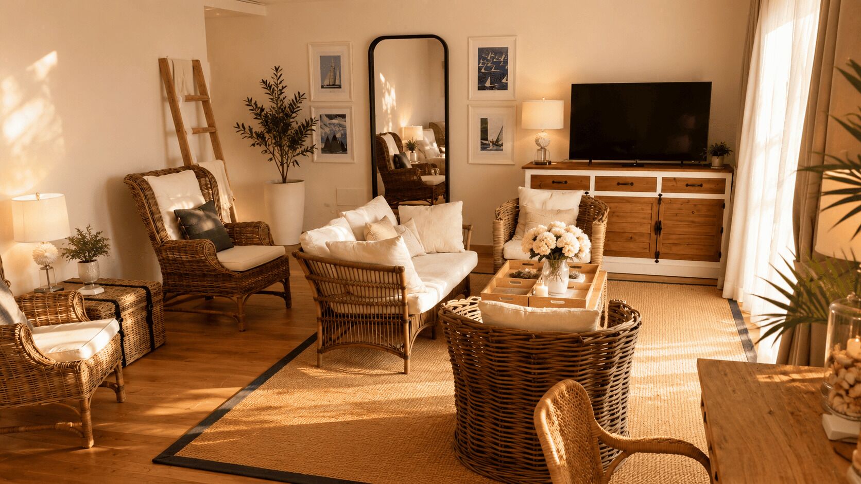 Una sala de estar acogedora con muebles de mimbre, un sofá, una mesa de centro con flores, un televisor y cuadros en la pared.