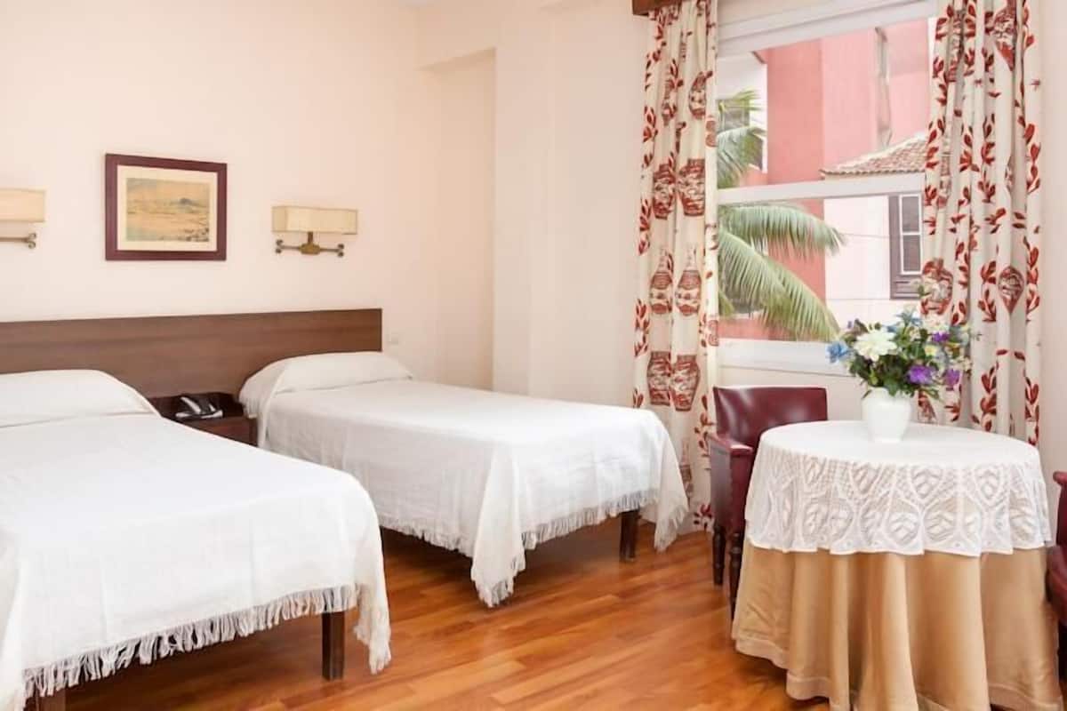 Een hotelkamer met twee eenpersoonsbedden, een houten hoofdbord, een klein tafeltje met een bloevas, en uitzicht op een palmboom door het raam.
