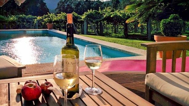 A poolside table with a wine bottle, two glasses, and apples. - Os Areeiros (Vilaboa)