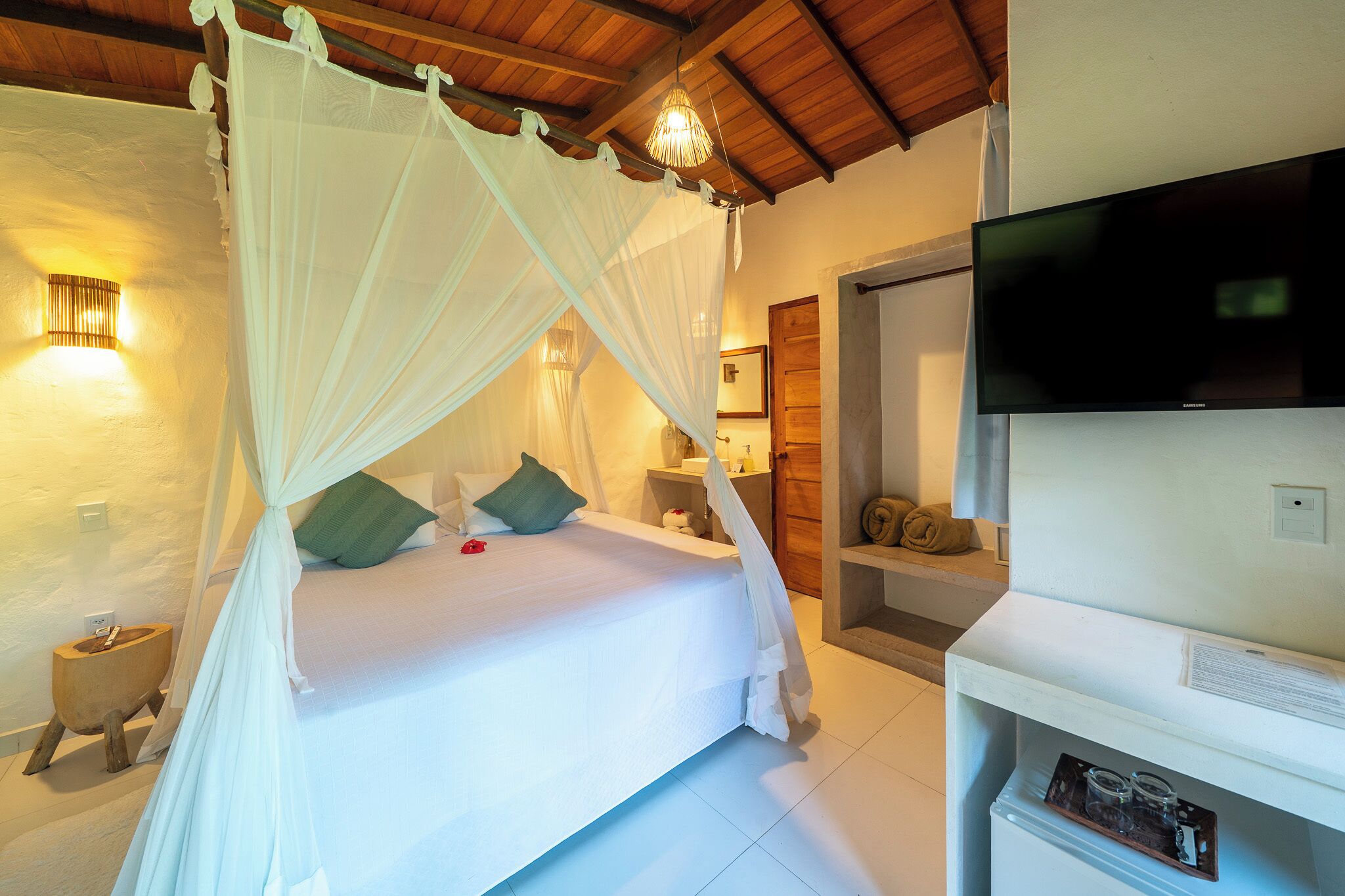 A bedroom with a bed under a canopy, a television, and a small wooden side table.