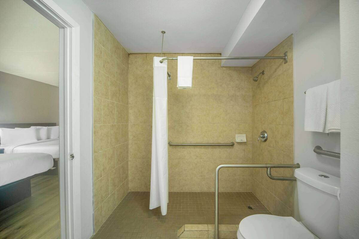 Ein Badezimmer mit Dusche, Toilette und einem sichtbaren Bett im angrenzenden Raum.