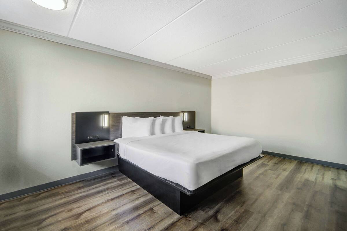 Ein modernes Hotelzimmer mit einem großen Bett, einem Nachttisch und einem an der Wand befestigten Fernseher.