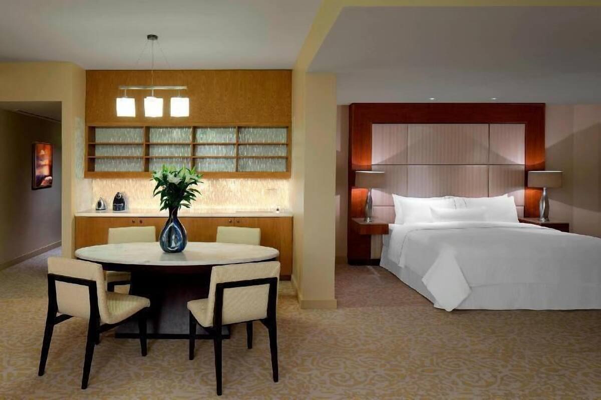 Bộ đồ giường cao cấp, minibar, két bảo mật tại phòng, bàn 