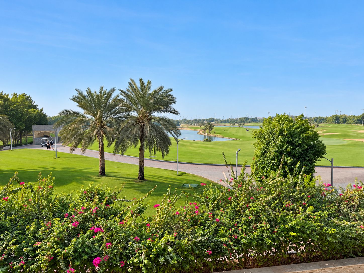A golf course with a clear sky, palm trees, and a water body.