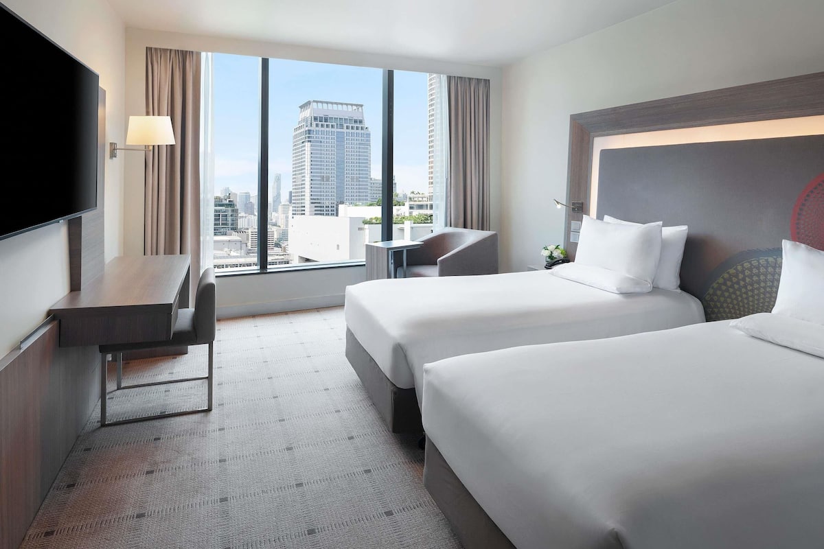 In-room safe, desk, laptop workspace, blackout curtains