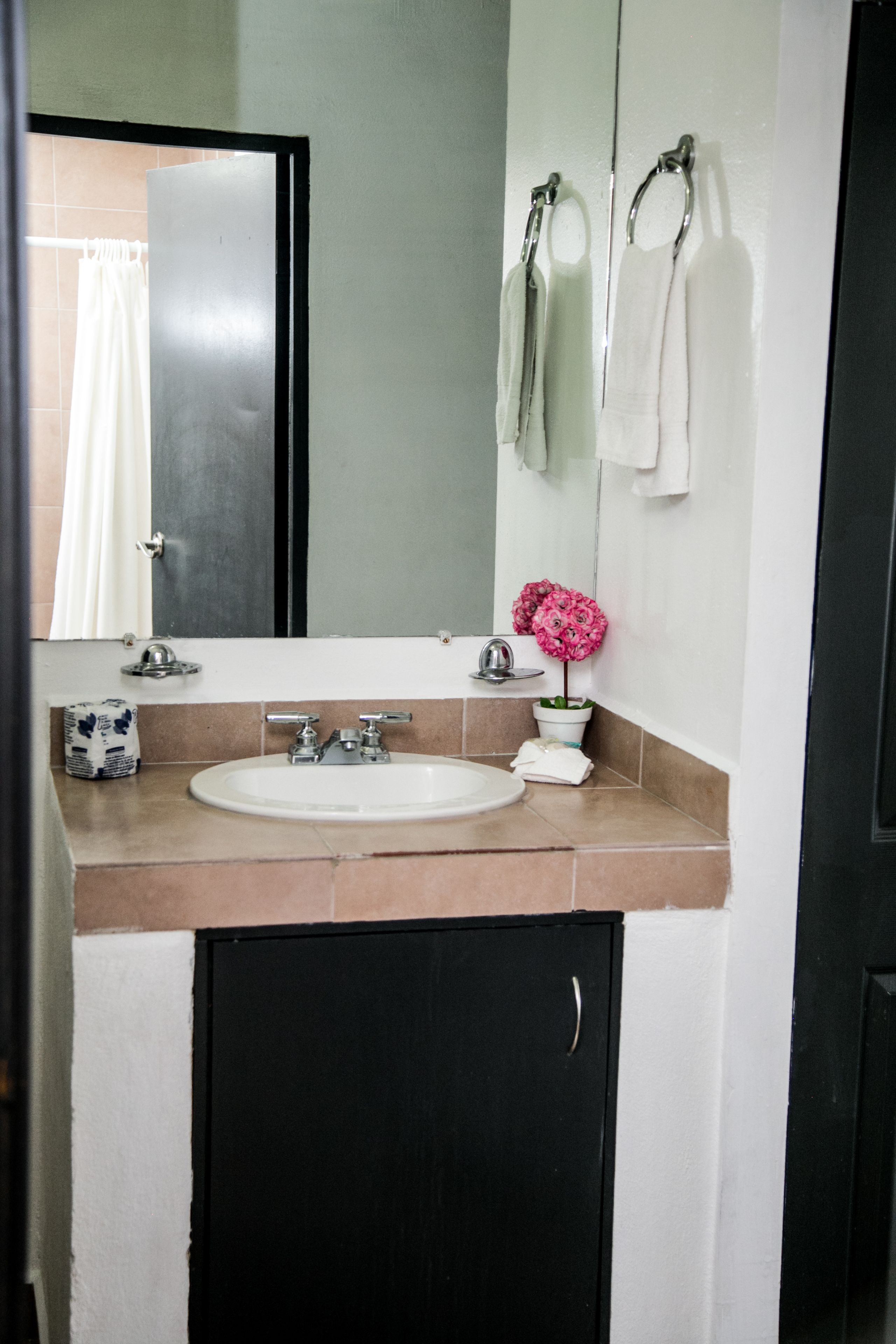 A bathroom with a white sink, a mirror, and a black door.