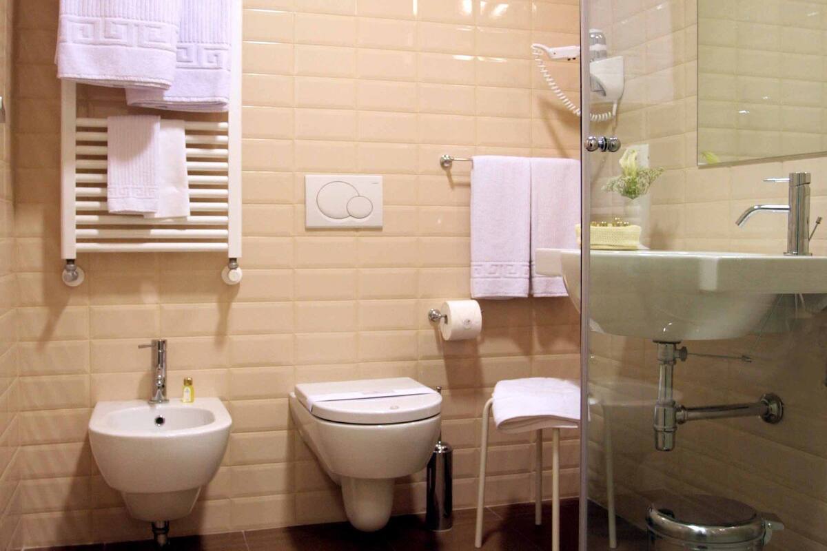 rainfall showerhead, hair dryer, bathrobes, slippers