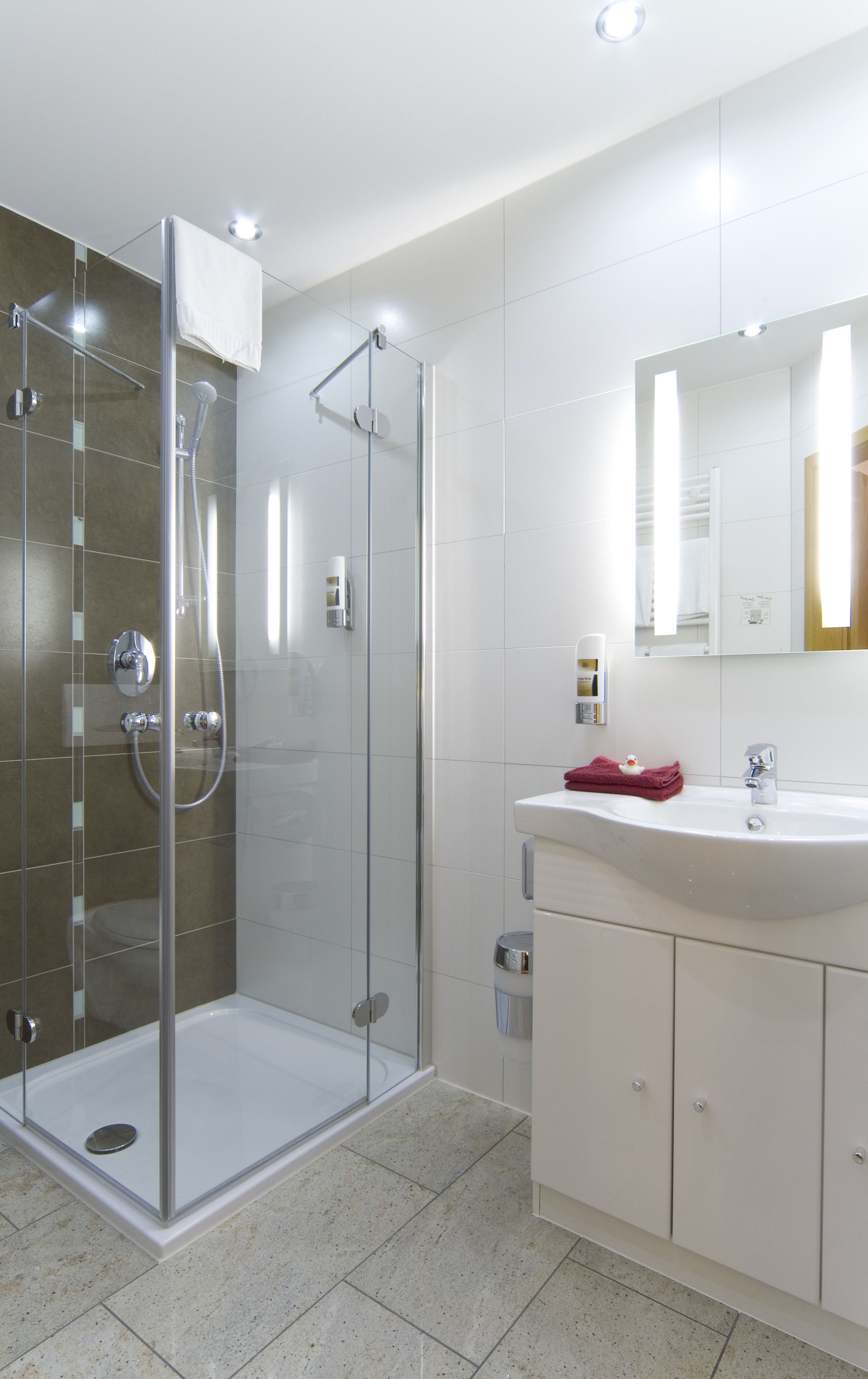 Ein modernes Badezimmer mit einer gläsernen Dusche, einem weißen Waschbecken und einem großen Spiegel.
