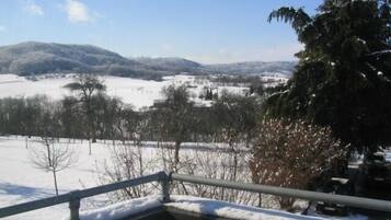 A snowy landscape with a view of distant hills and trees.