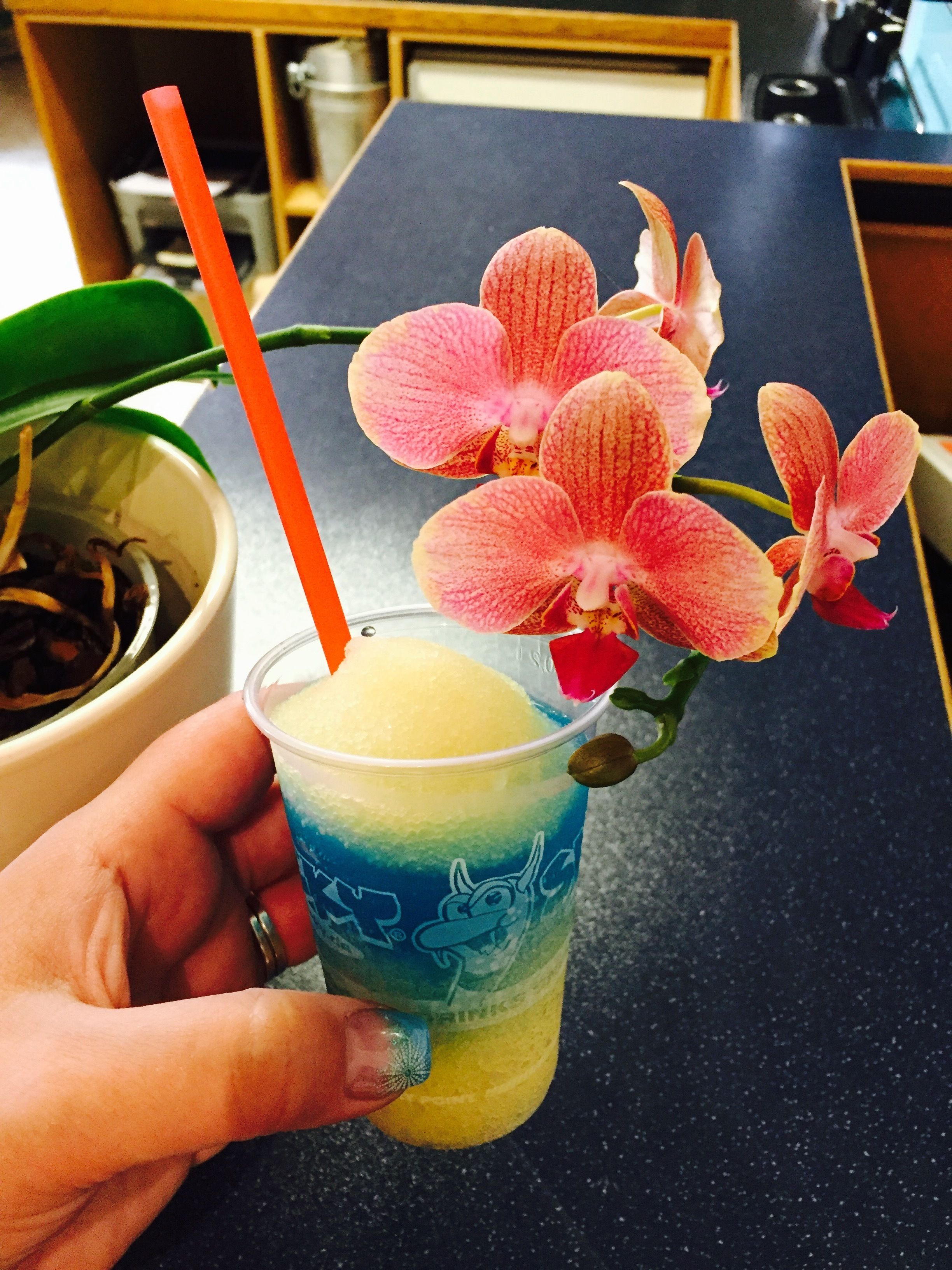 Una mano sostiene una bebida colorida con una orquídea y una pajita.