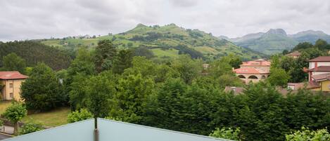 A view of a hillside with buildings and trees.