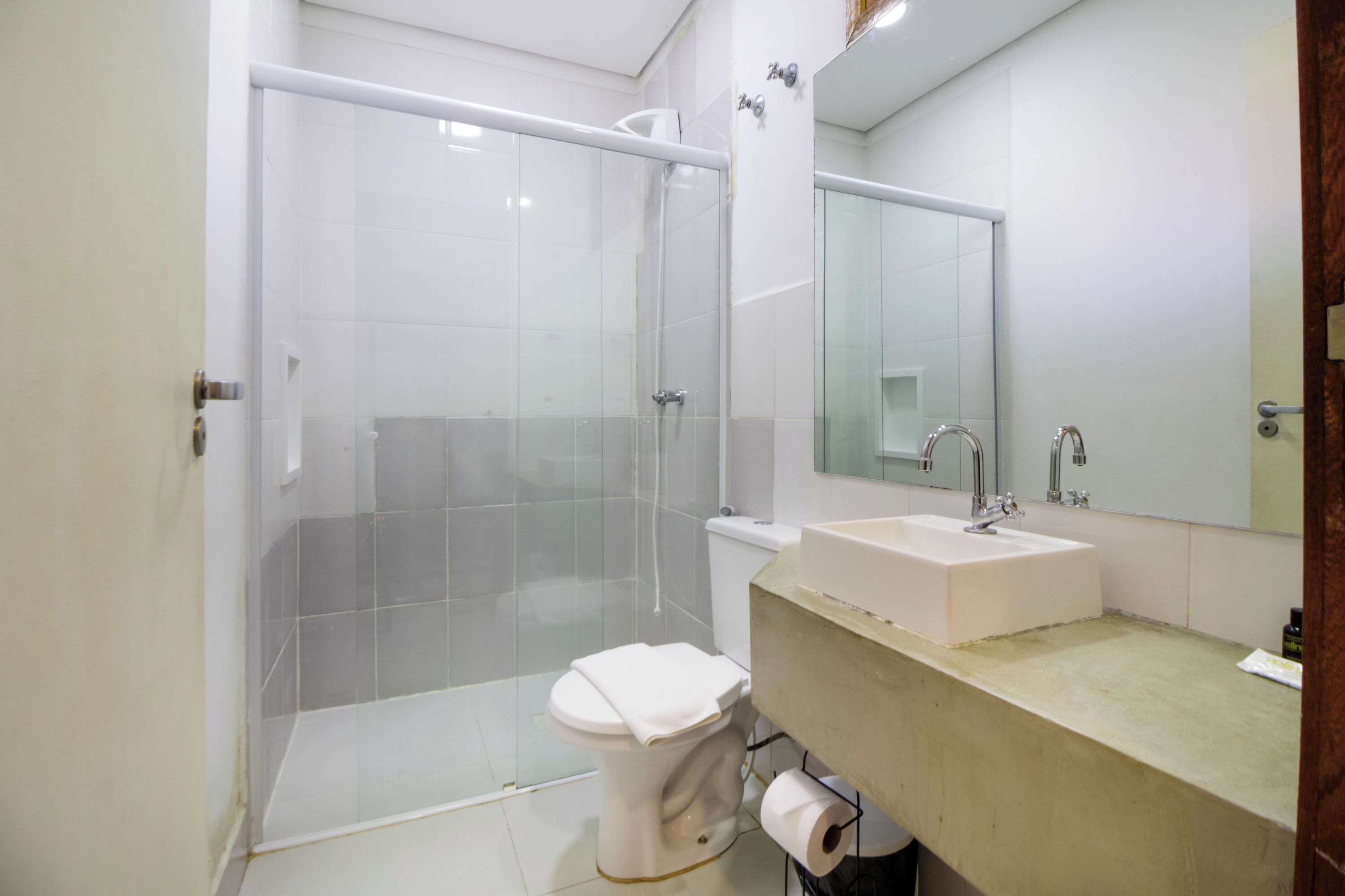A modern bathroom with a glass-enclosed shower, a white toilet, and a sink with a mirror above it.