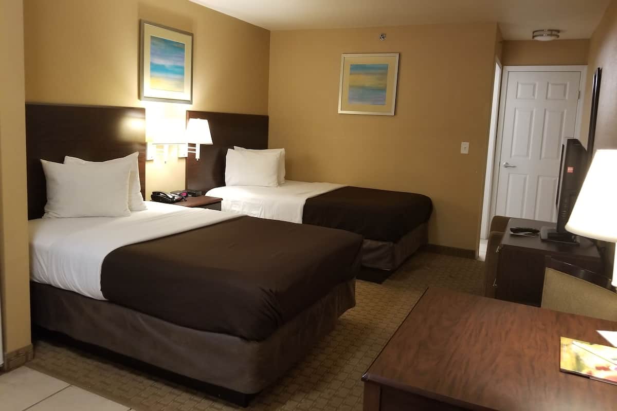A hotel room with two beds, a desk, a chair, a TV, and two paintings on the walls.