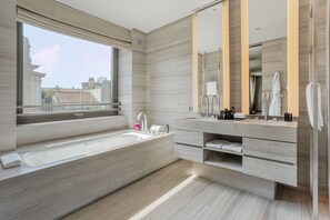Armani Premiere Superior Room | Bathroom | Separate tub and shower, deep soaking tub, rainfall showerhead