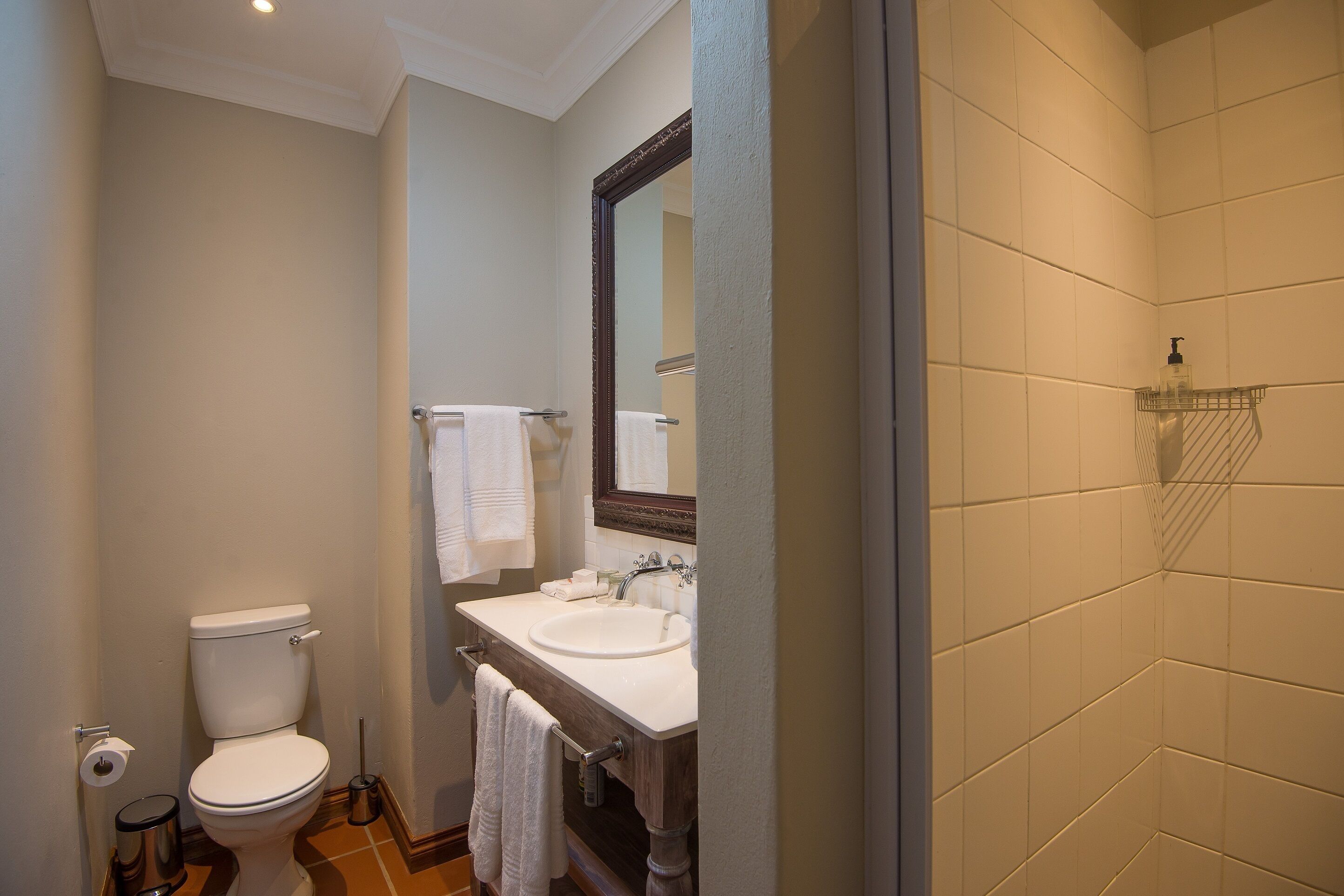 A bathroom with a toilet, sink, and shower area.