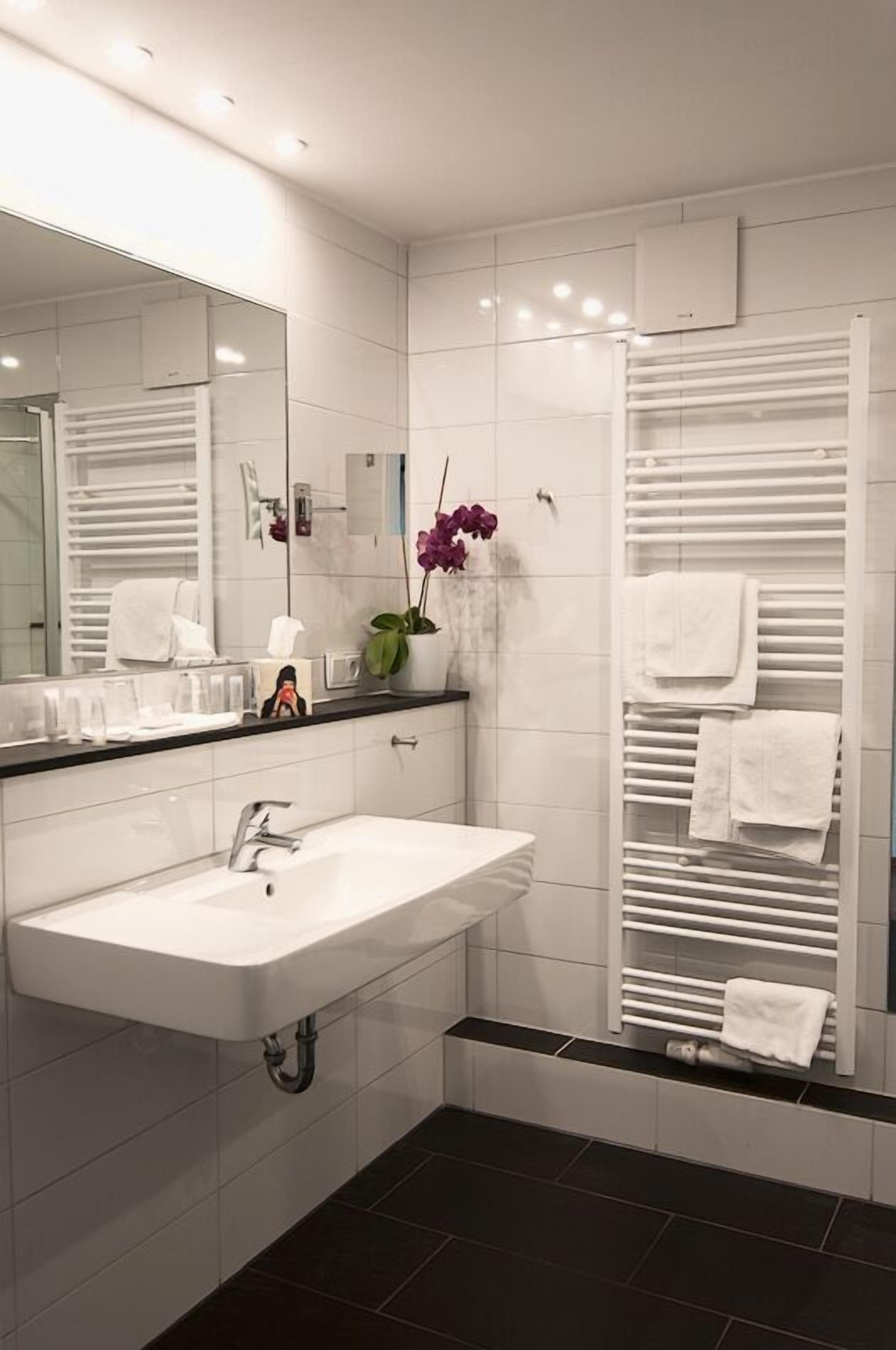 superior double room (rhine river view, terrace) | bathroom | shower, hair dryer, towels