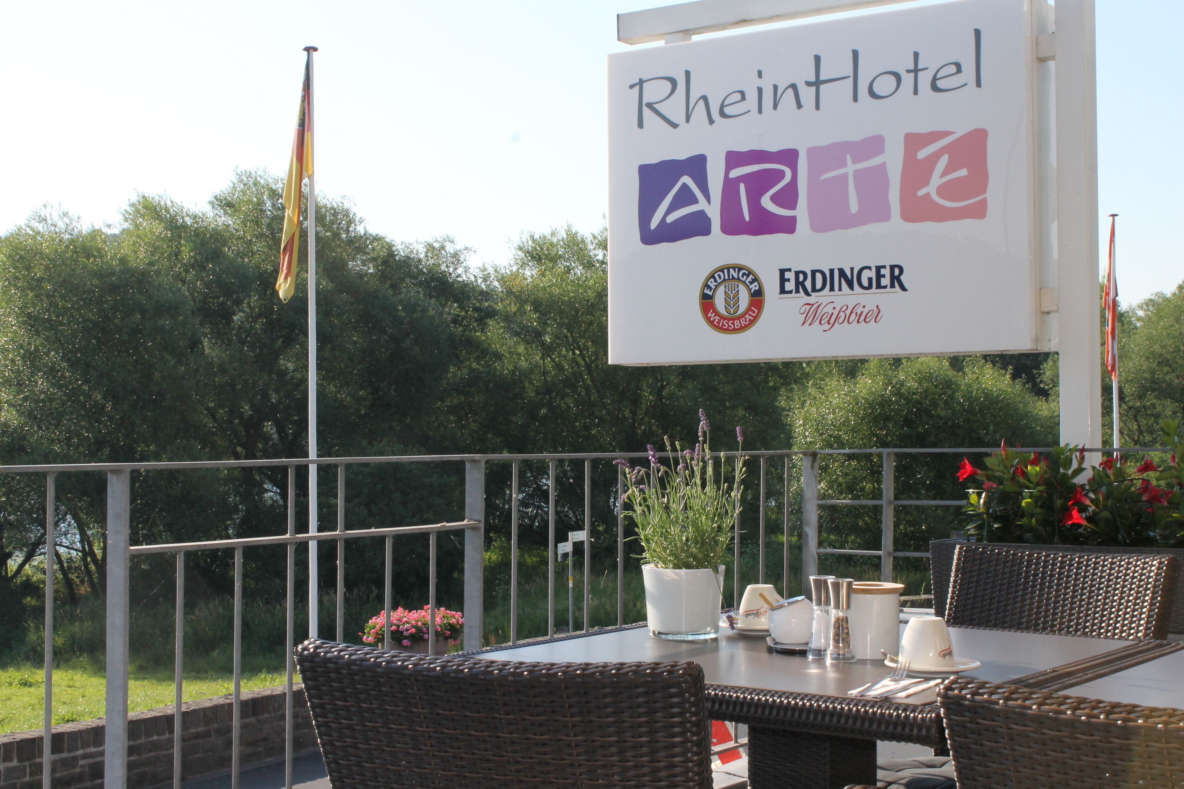 Une table de RheinHotel installée à l’extérieur, avec des chaises en osier, une plante en pot et un panneau indicateur.