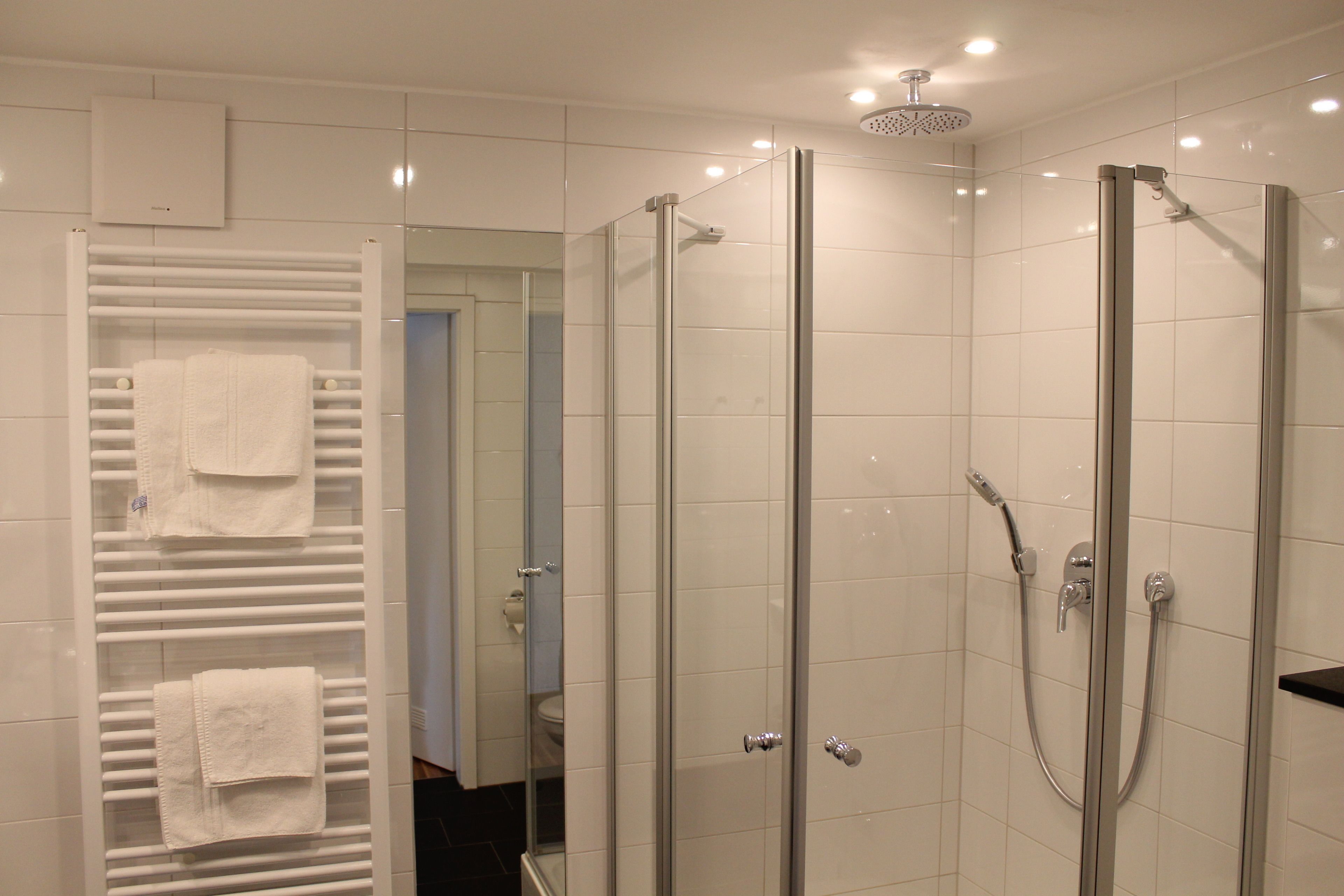 Een moderne badkamer met een douchecabine van glas, een witte handdoekhouder en een toilet in de achtergrond.