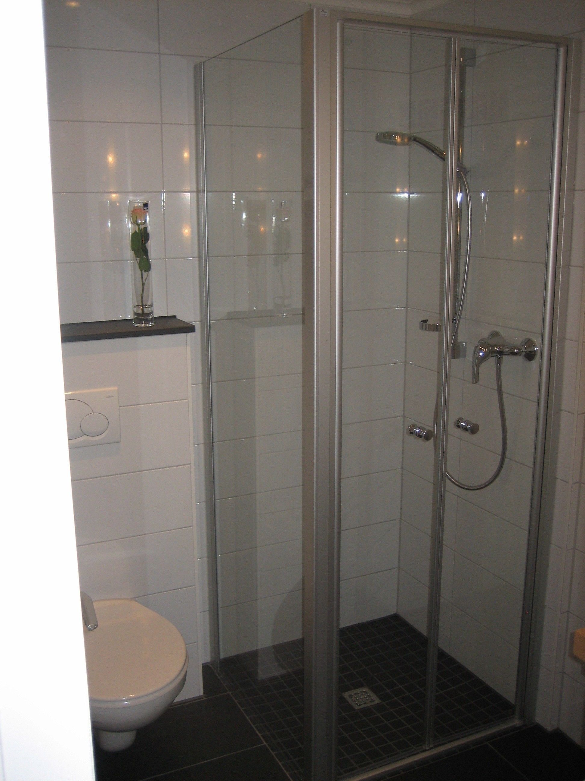 A glass-enclosed shower with a handheld showerhead and a handheld faucet.