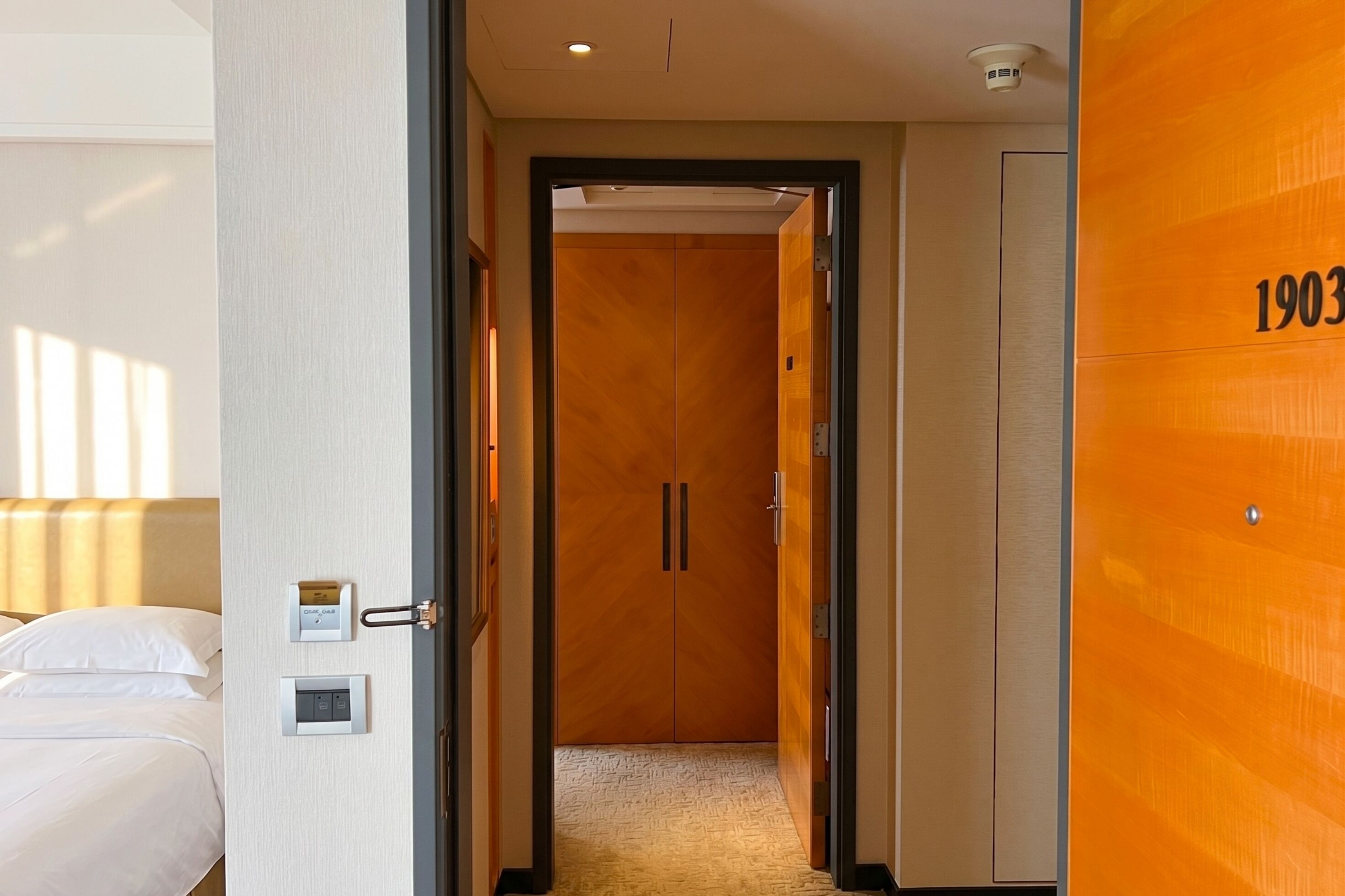 A hotel room with a bed, a door leading to a hallway, and a number '1903' on the wall.