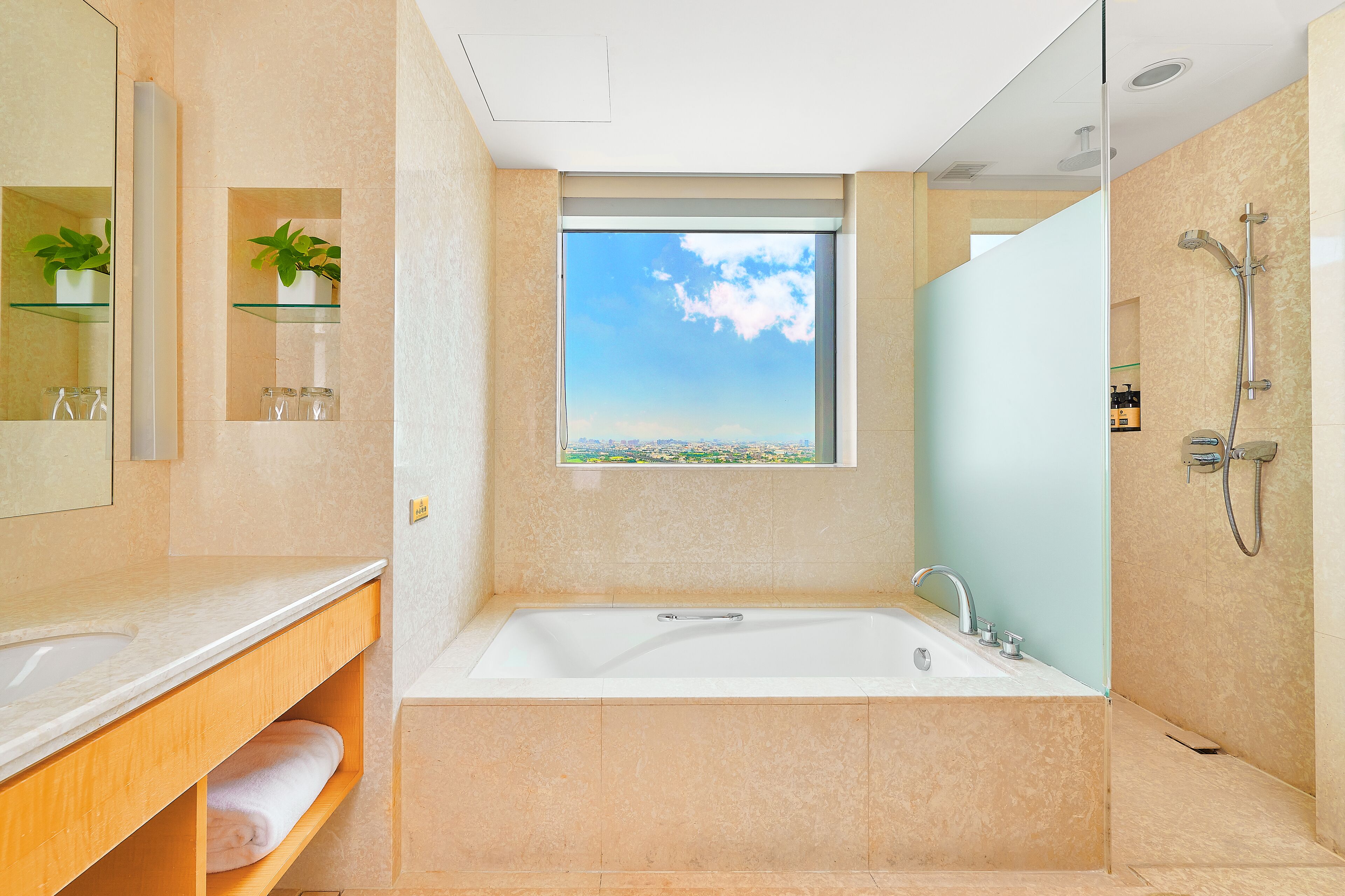 separate bathtub and shower, deep-soaking bathtub, rainfall showerhead