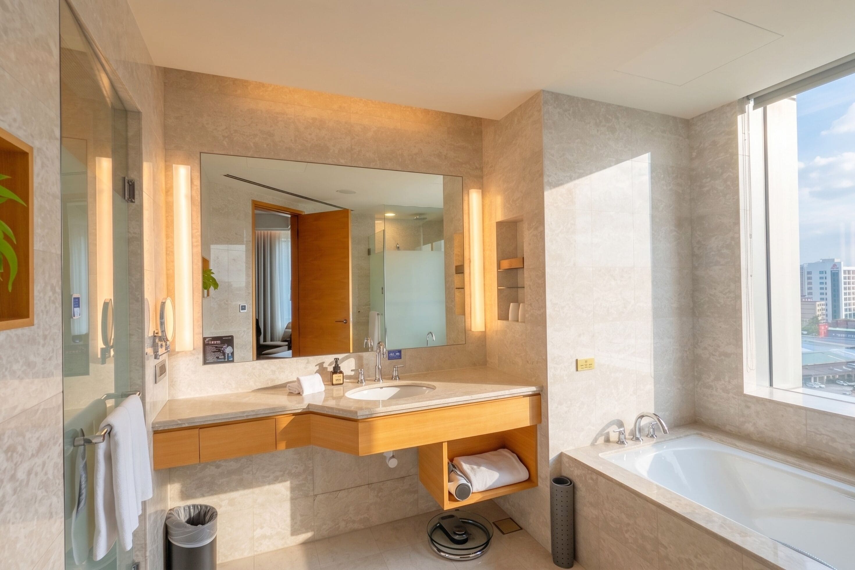 Un baño moderno con un espejo grande, una bañera y un tocador con lavabo.