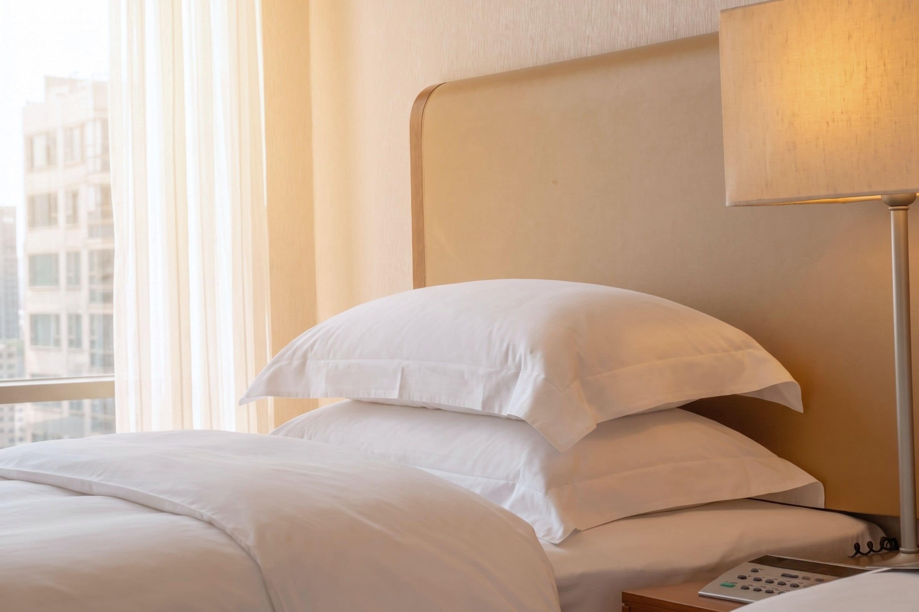 Habitación de hotel con cama, almohadas, lámpara y control remoto sobre una mesita de noche.