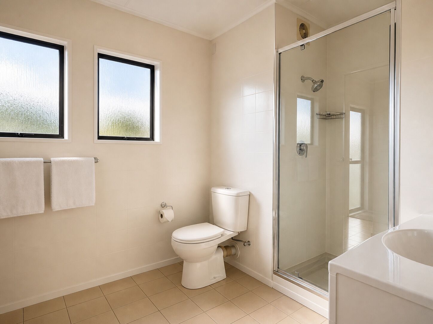 A bathroom with a toilet, a glass shower enclosure, and a sink.
