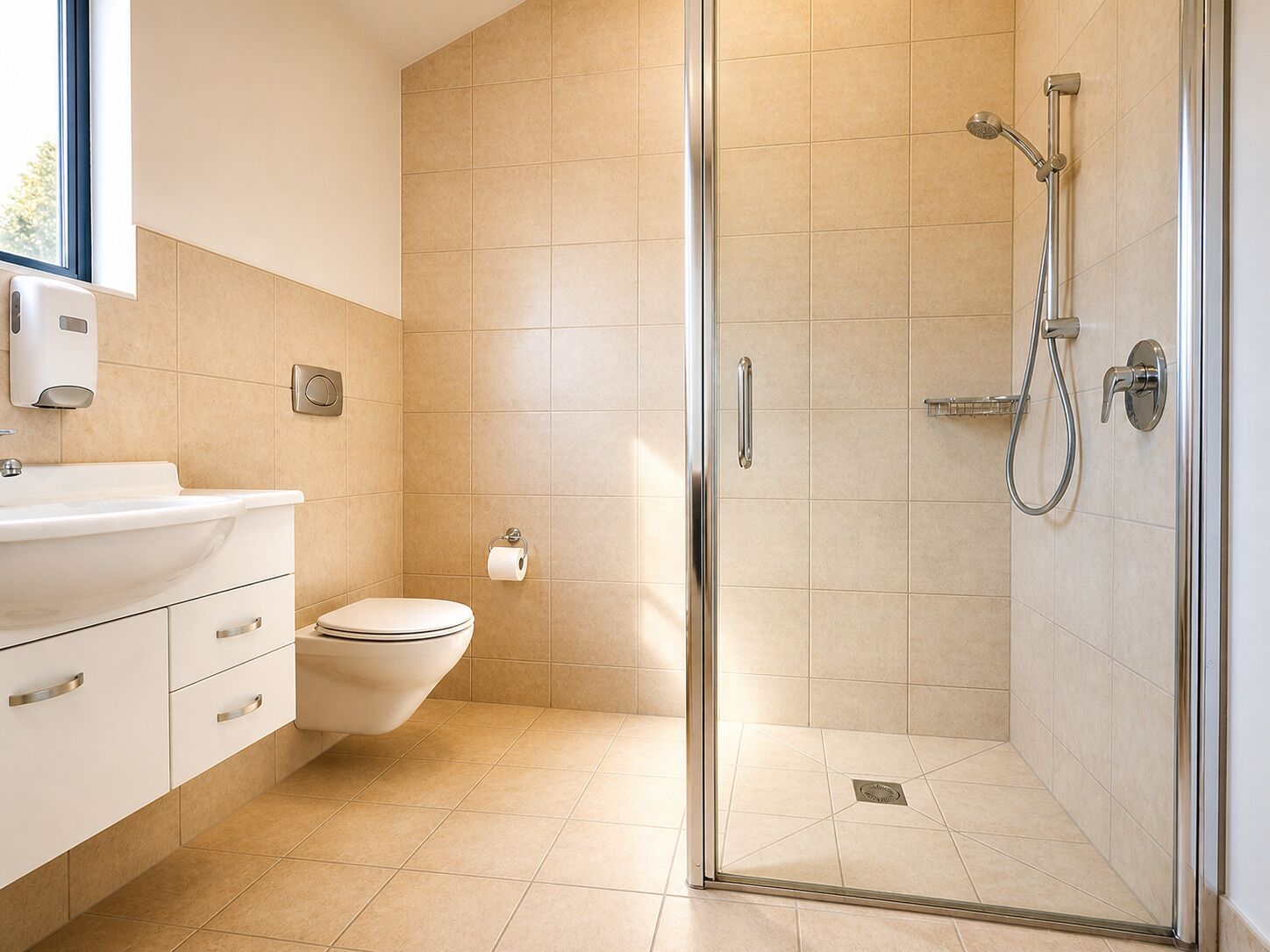 A modern bathroom with a glass shower enclosure, a toilet, and a sink with a mirror.