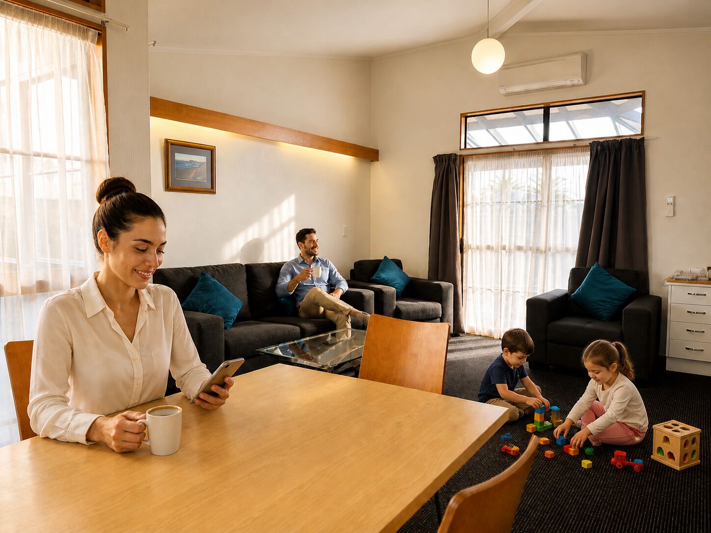 A modern living room with a sofa, a coffee table, and a dining table. There are two people seated at the dining table, and two children playing on the floor.