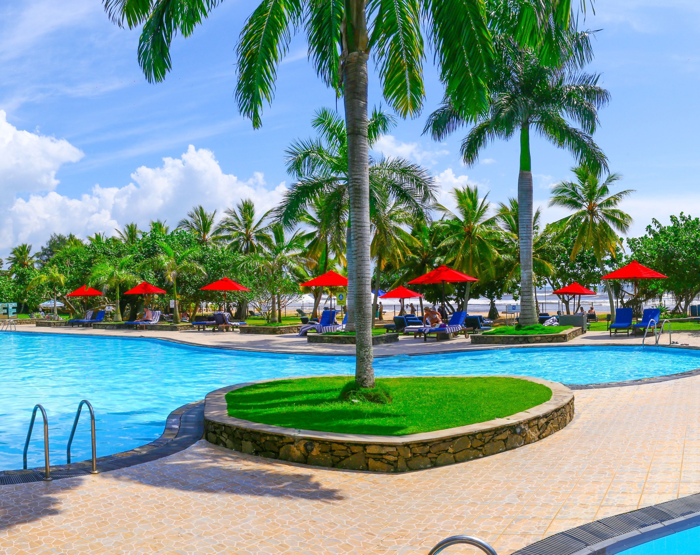 A swimming pool with lounge chairs and red umbrellas, surrounded by palm trees.