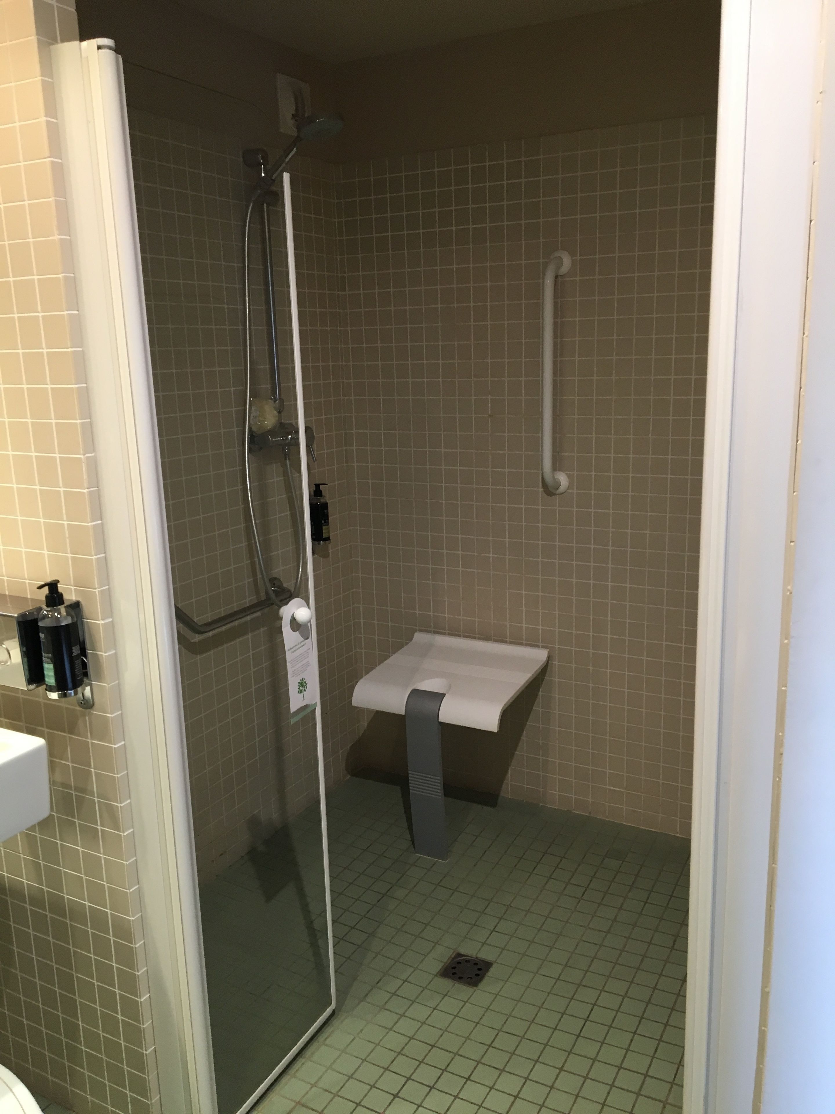Une salle de bain équipée d’une douche, d’un lavabo et d’une barre d’appui.