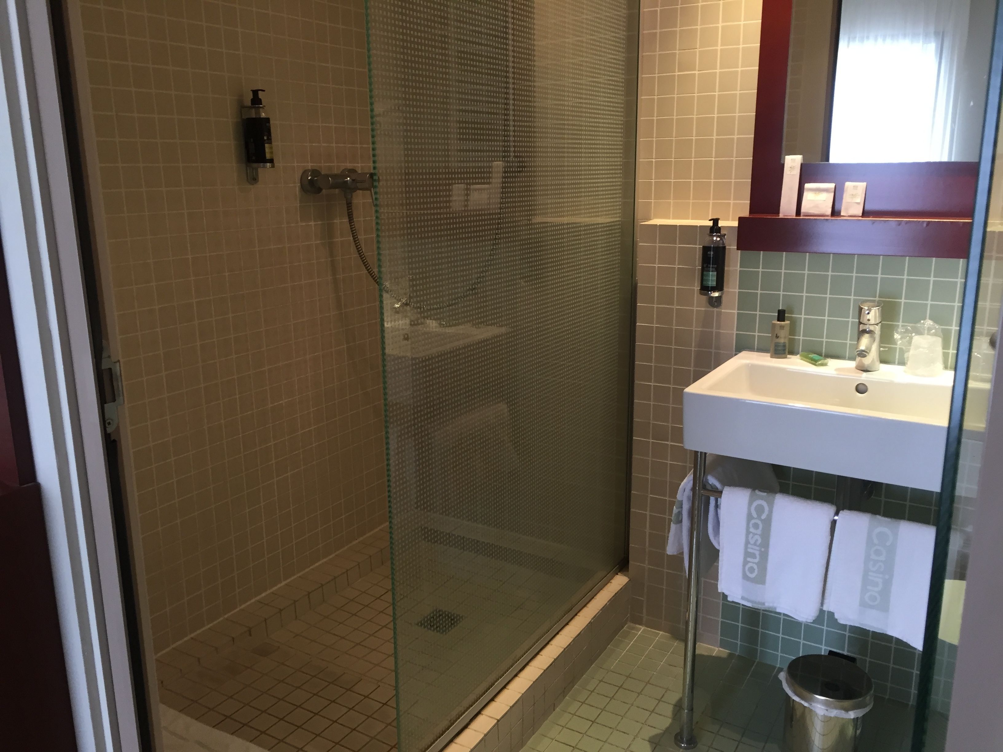Une salle de bain avec une douche à parois de verre, un lavabo avec un miroir au-dessus et une petite poubelle.