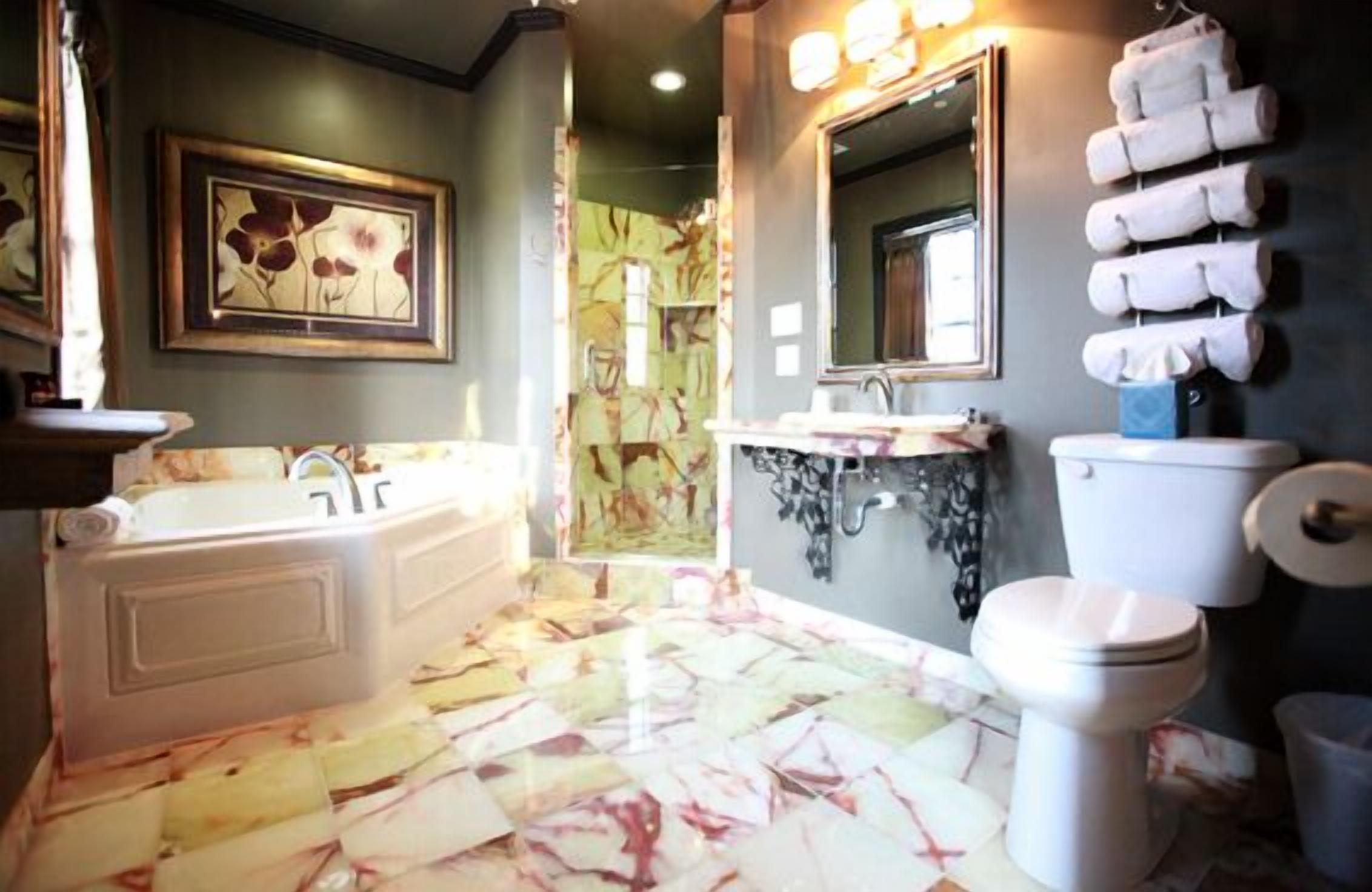 combined shower/bathtub, free toiletries, hair dryer, towels