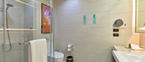 A modern bathroom with a glass shower enclosure, a toilet, a sink, and a mirror.