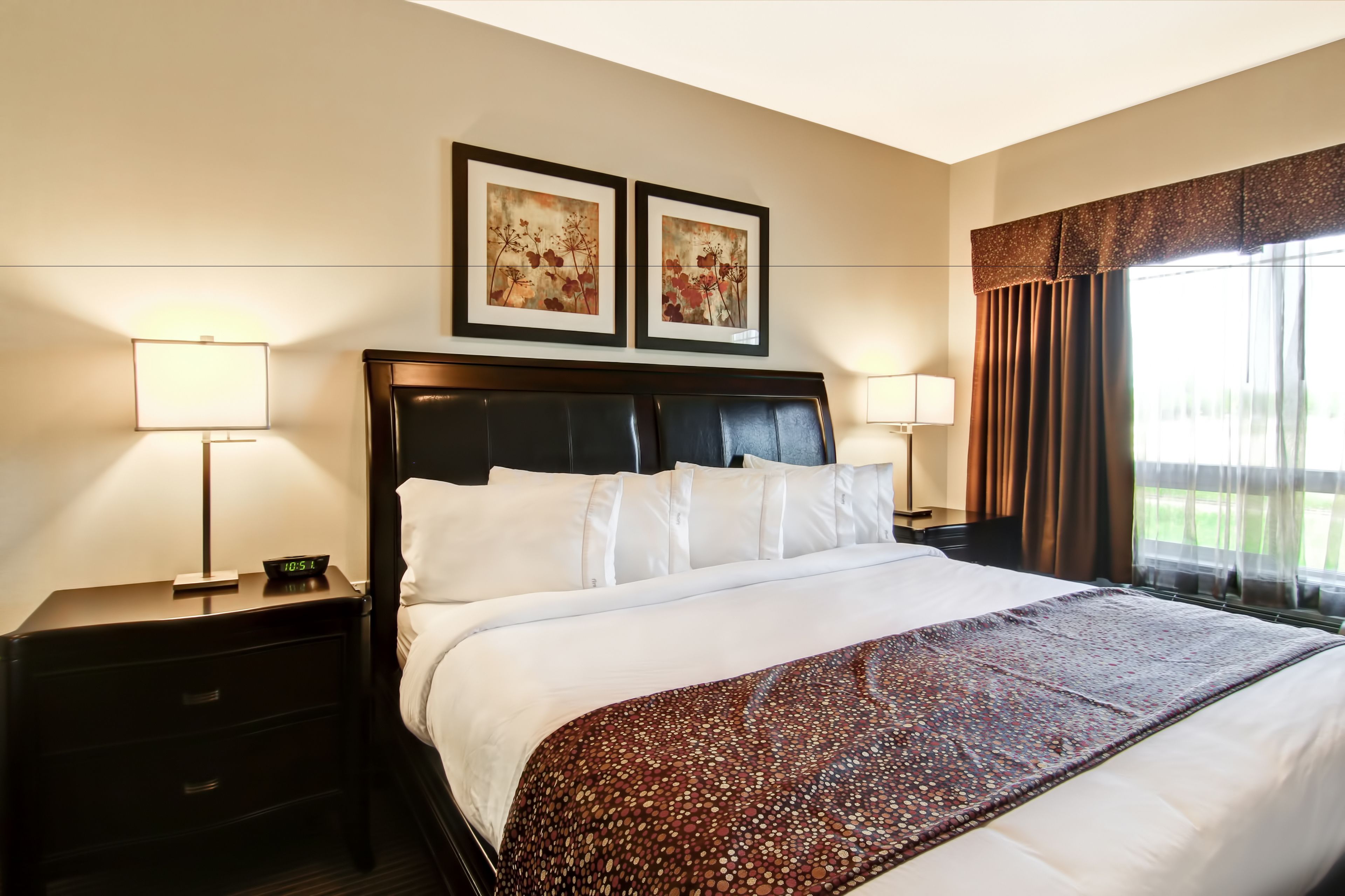 desk, laptop workspace, blackout curtains, iron/ironing board